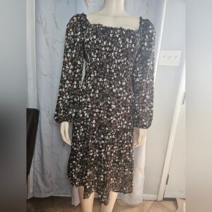 AUW Black Floral Long Sleeve Smocked Midi Dress